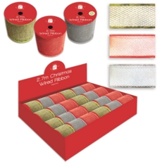 RIBBON,2.7m Wired 6.5cm Wide 3 Assorted Colours CDU