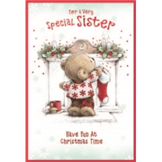 XMAS CARDS,Sister 6's Teddy at Fireplace