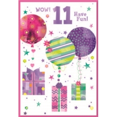 AGE 11 CARDS,Female 6's Balloons & Presents