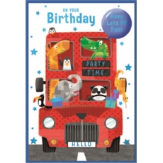 BIRTHDAY CARDS,Open 6's Bus & Animals