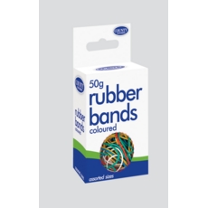 RUBBER BANDS,Asst.Sizes 50gm Coloured Boxed H/pk      C225