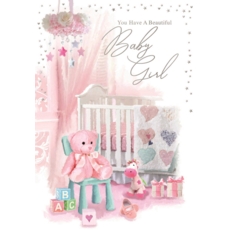 BABY GIRL CONGRATS. CARDS,6's Nursery Toys & Cot