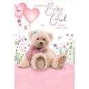 BABY GIRL CONGRATS. CARDS,6's Teddy Bear & flowers