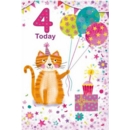 AGE 4 CARDS,Female 6's Cat, Balloons & Cake.