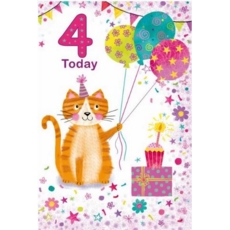 AGE 4 CARDS,Female 6's Cat, Balloons & Cake.