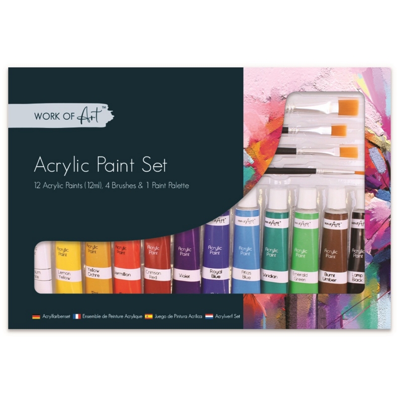 ACRYLIC PAINT SET,12 x12ml Tubes Asst,+ 4 Brushes,Bxd.