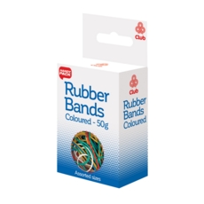 RUBBER BANDS,Asst.Sizes 50gm Coloured Boxed H/pk      Cb747