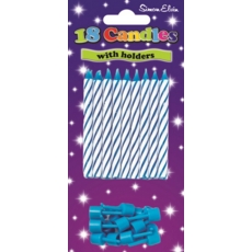 CAKE CANDLES/HOLDERS, Blue/White 18's I/cd