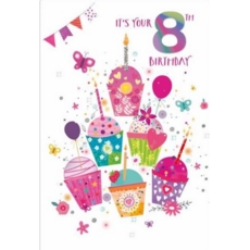 AGE 8 CARDS,Female 6's Cupcakes, Candles & Butterfly