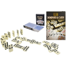 DOMINOES & CARDS 28pc Double Six + 2 Decks Playing Cards Bx