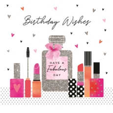BIRTHDAY CARD,Tres Chic Purfume, Lipstick & Hearts.